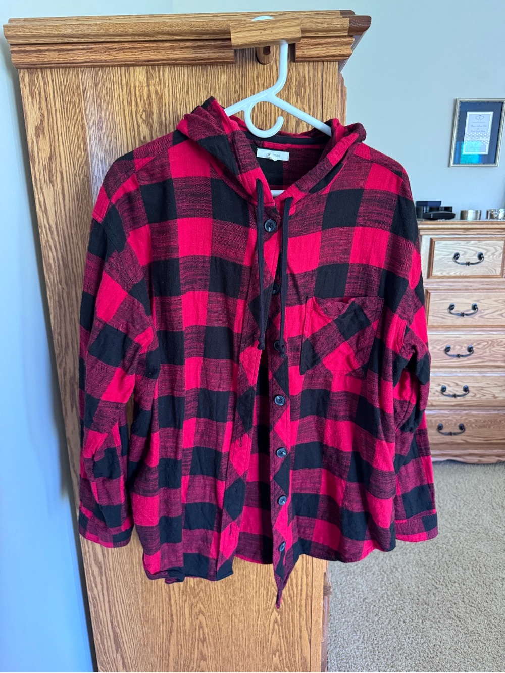 Maurices Red and Black Buffalo Plaid Hooded Shirt